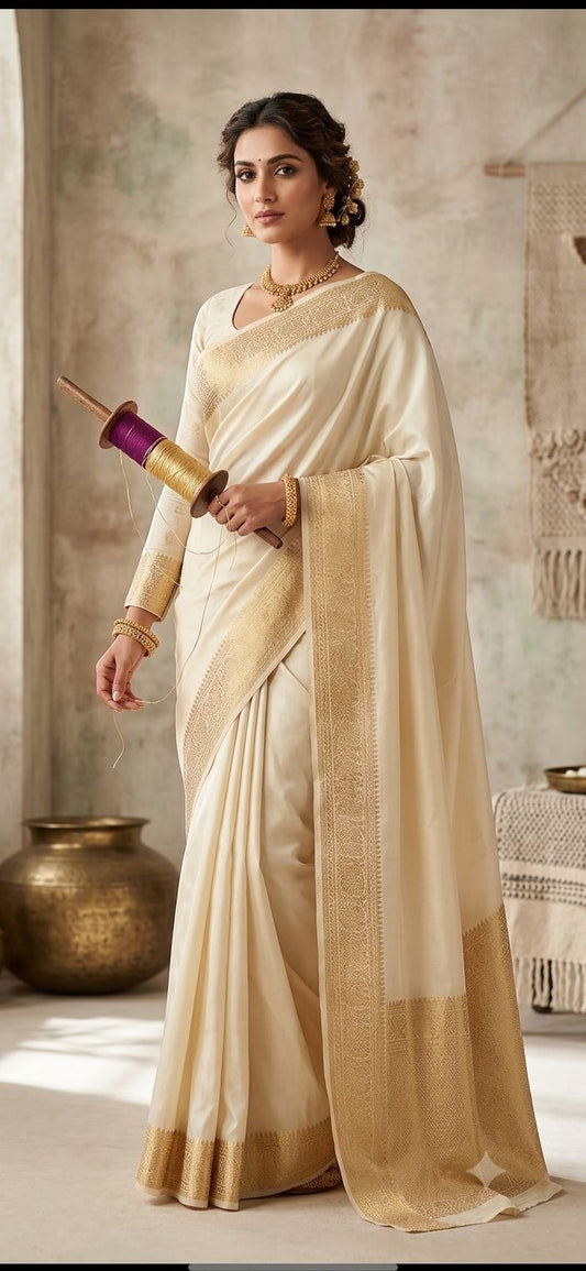Off-White Banarasi Silk Saree in Germany