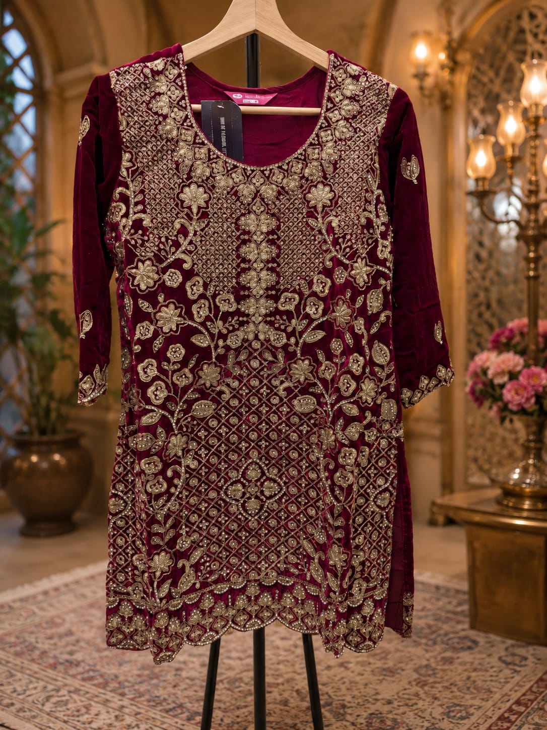 Maroon Embroidered Velvet Sharara Suit in Germany
