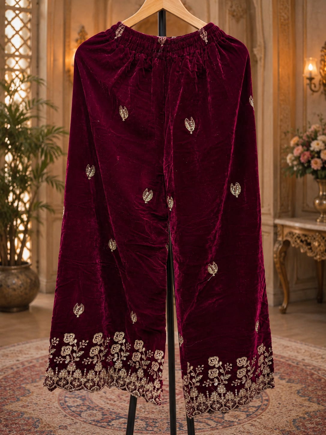 Maroon Embroidered Velvet Sharara Suit in Germany