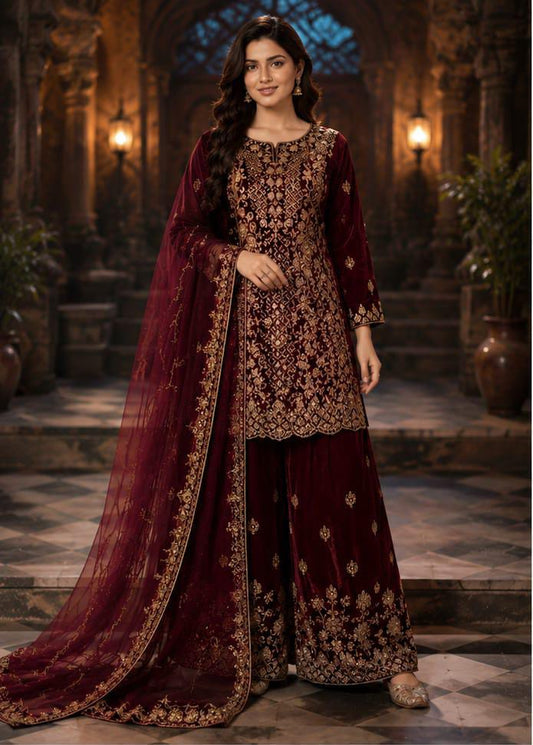Maroon Embroidered Velvet Sharara Suit in Germany