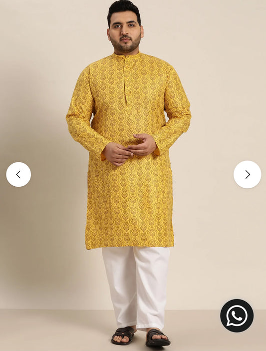Men's Cotton Blend Mustard Printed Only Long Kurta in Germany
