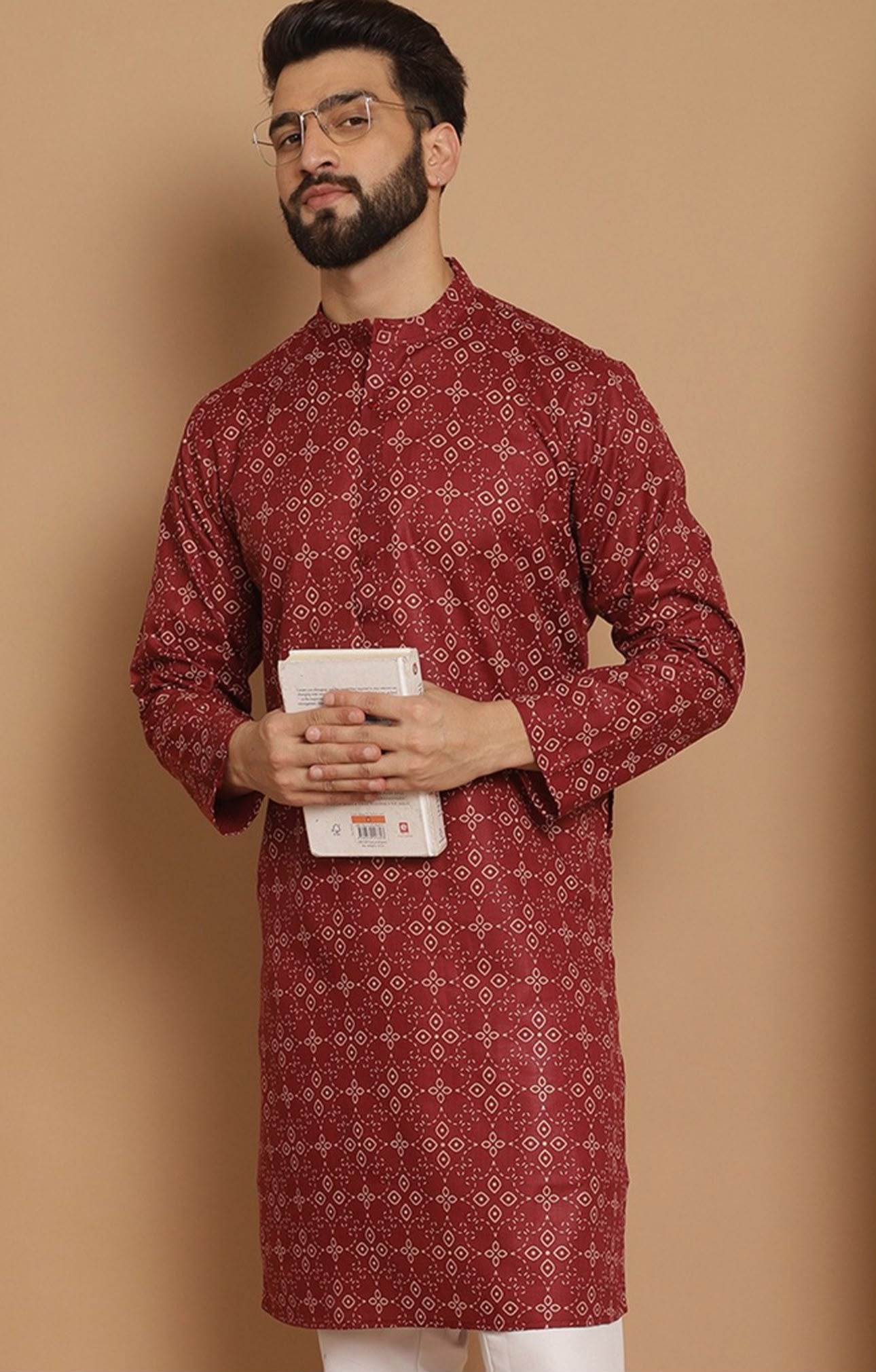 Men Maroon Geometric Printed Thread Work Pathani Kurta with Pjyama in Germany