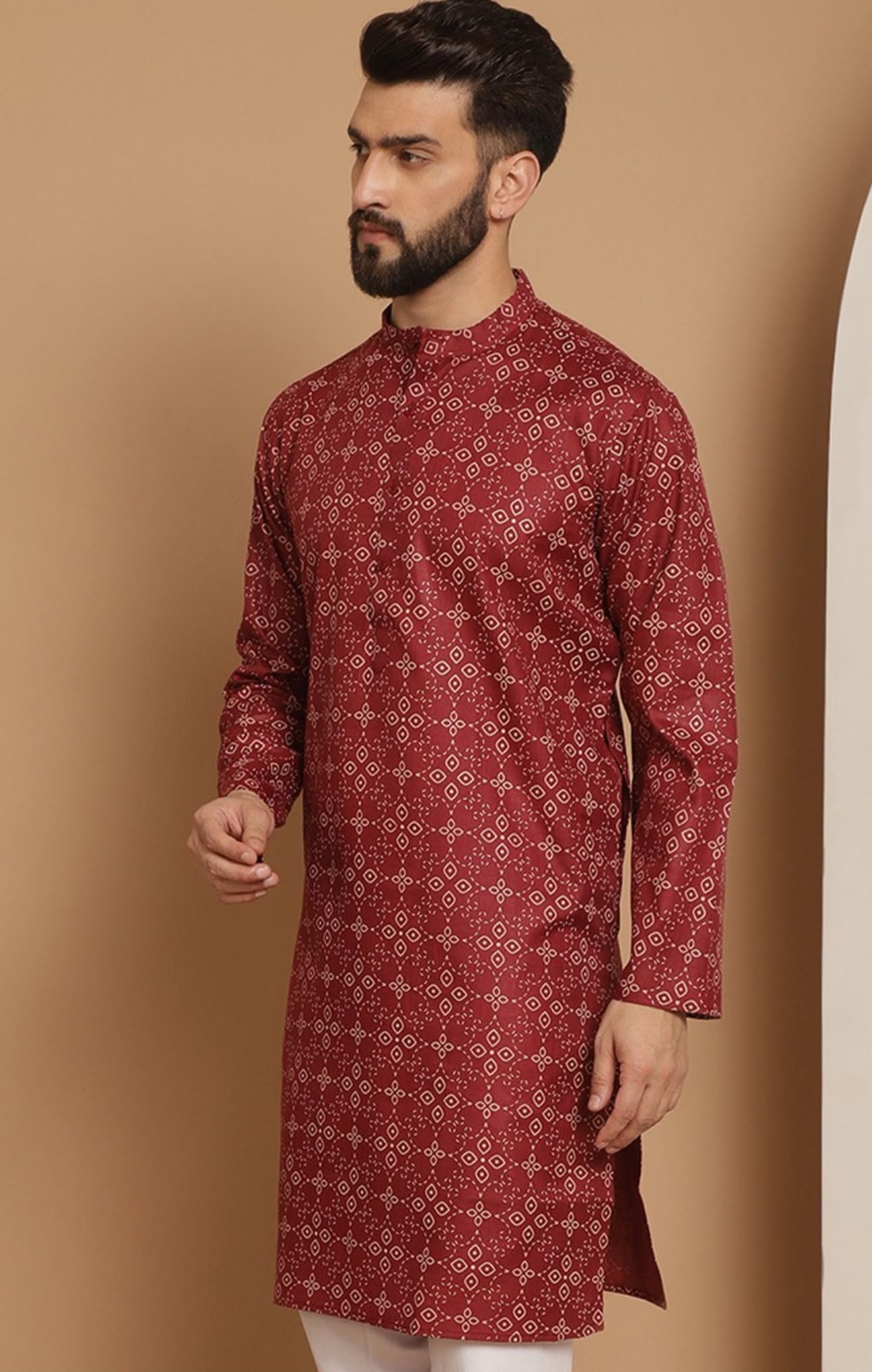Men Maroon Geometric Printed Thread Work Pathani Kurta with Pjyama in Germany
