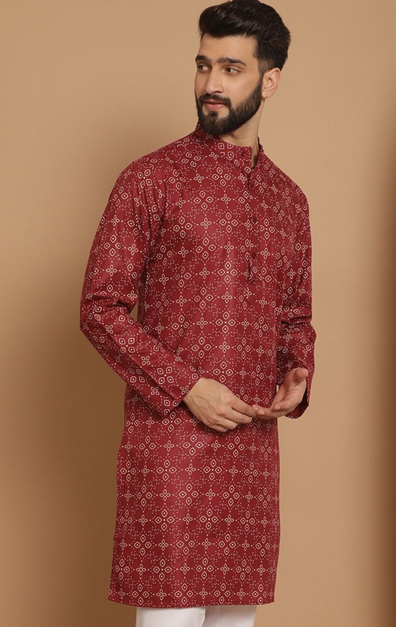 Men Maroon Geometric Printed Thread Work Pathani Kurta with Pjyama in Germany