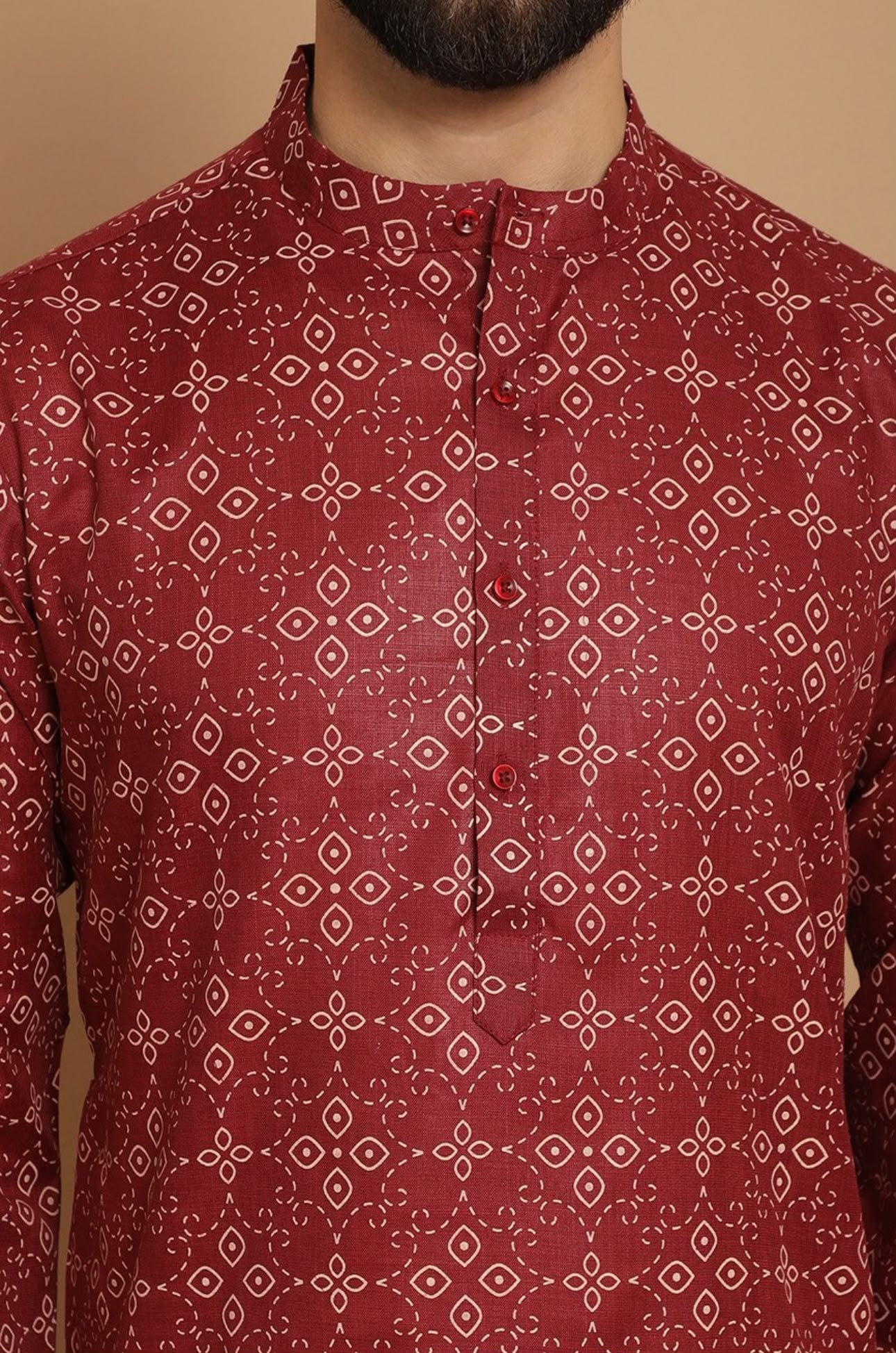 Men Maroon Geometric Printed Thread Work Pathani Kurta with Pjyama in Germany