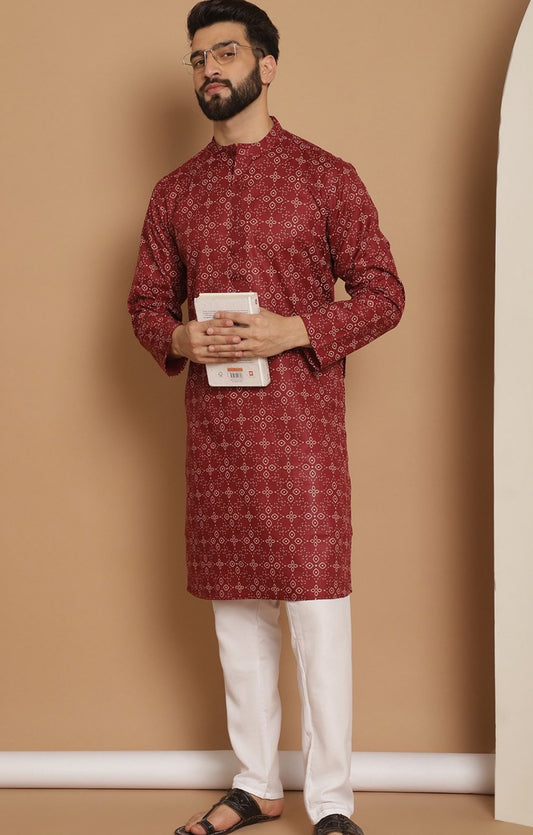 Men Maroon Geometric Printed Thread Work Pathani Kurta with Pjyama in Germany