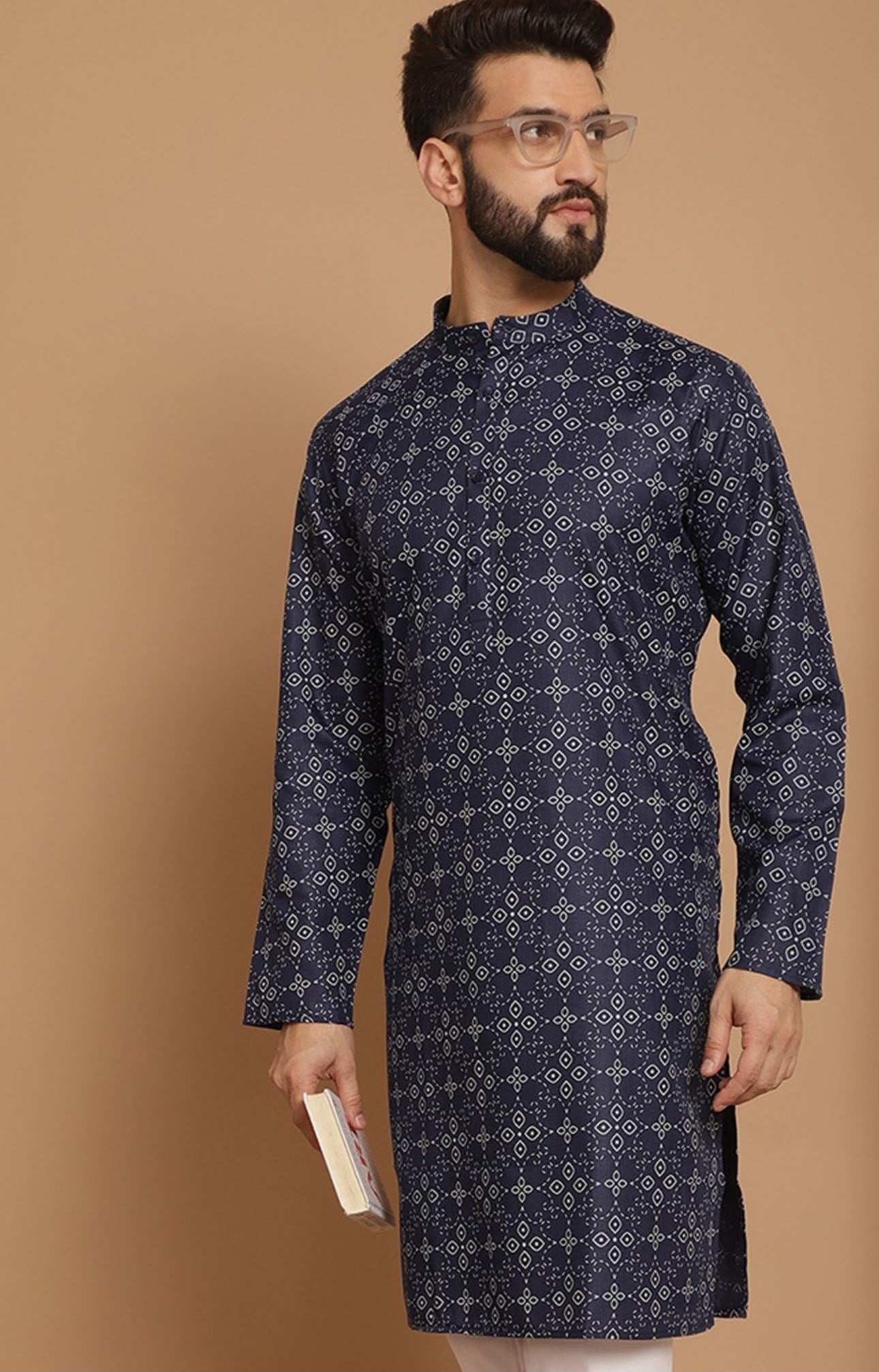 Men Navy Blue Geometric Thread Work Kurta with Pyjama in Germany