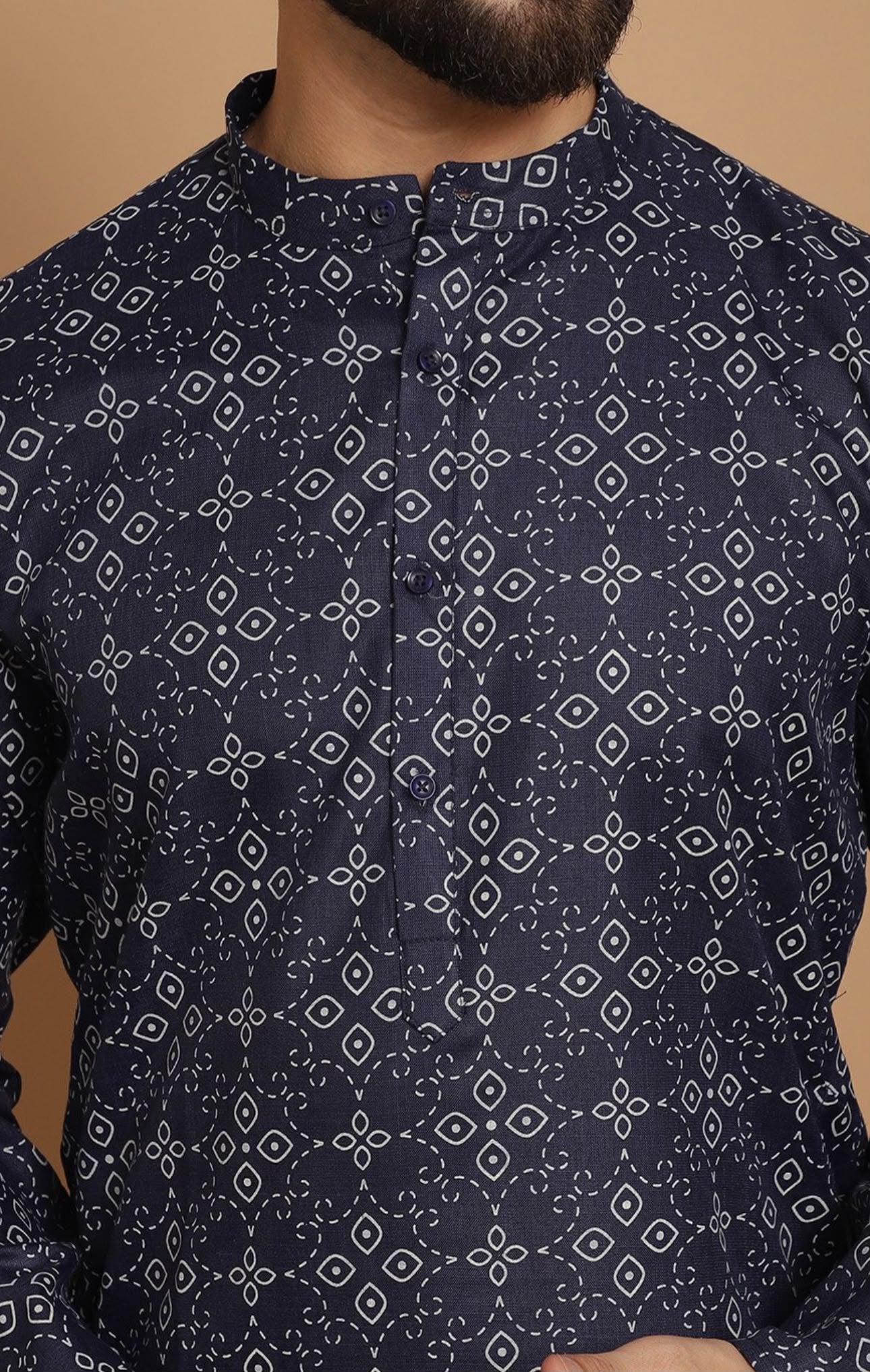 Men Navy Blue Geometric Thread Work Kurta with Pyjama in Germany