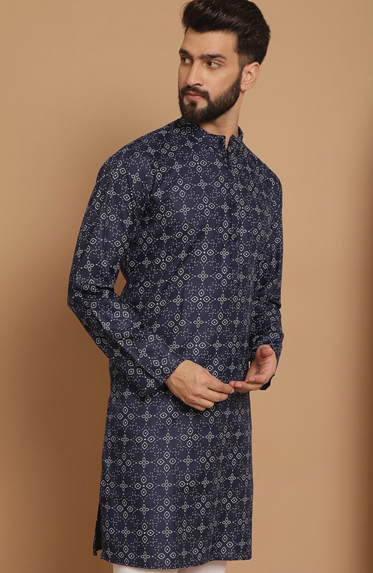 Men Navy Blue Geometric Thread Work Kurta with Pyjama in Germany