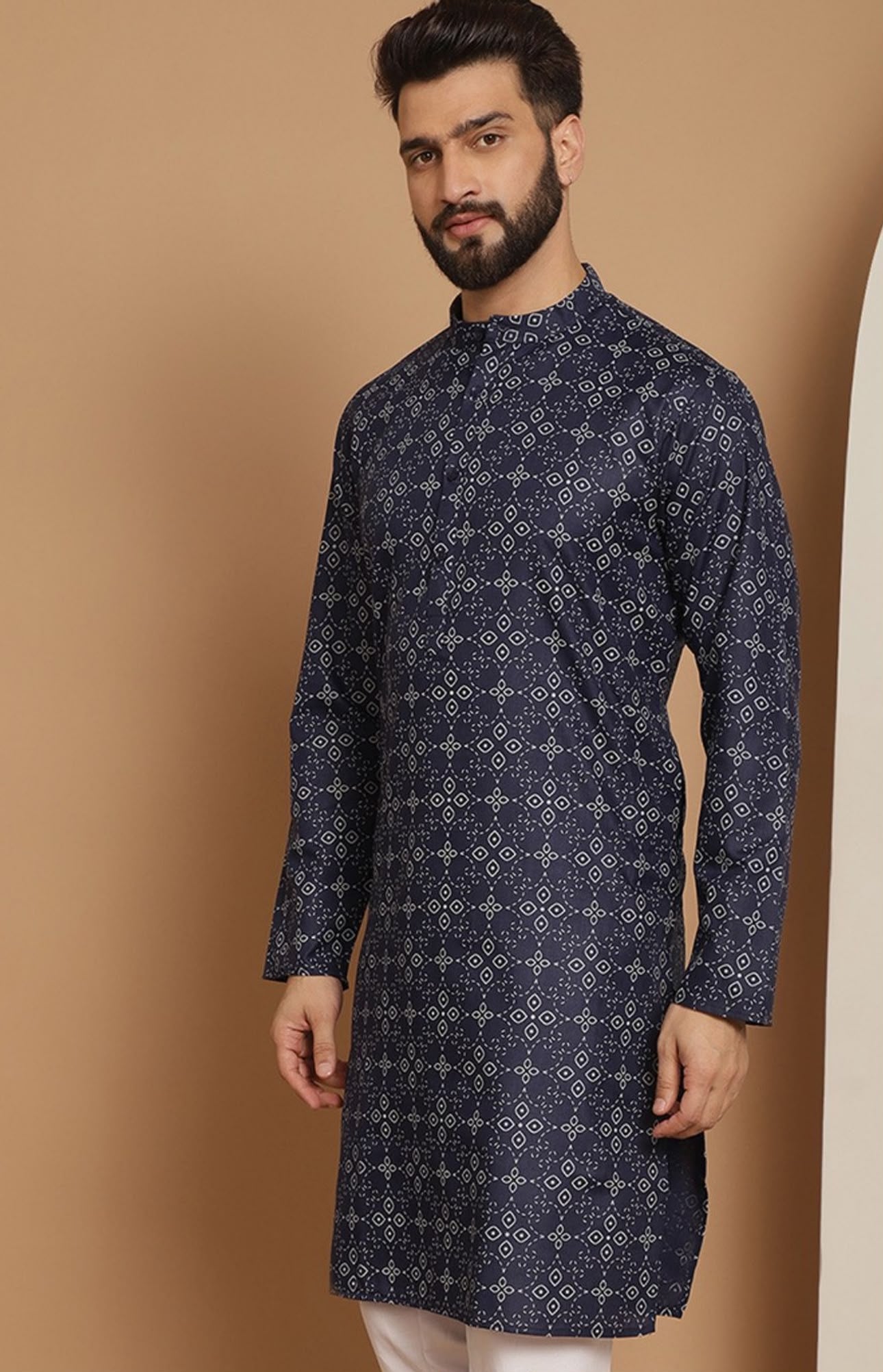 Men Navy Blue Geometric Thread Work Kurta with Pyjama in Germany