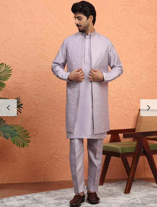 Men's Silk Blend Anchor Work Kurta Trouser Set with Long Embroidered Sequin Nehru Jacket in Germany