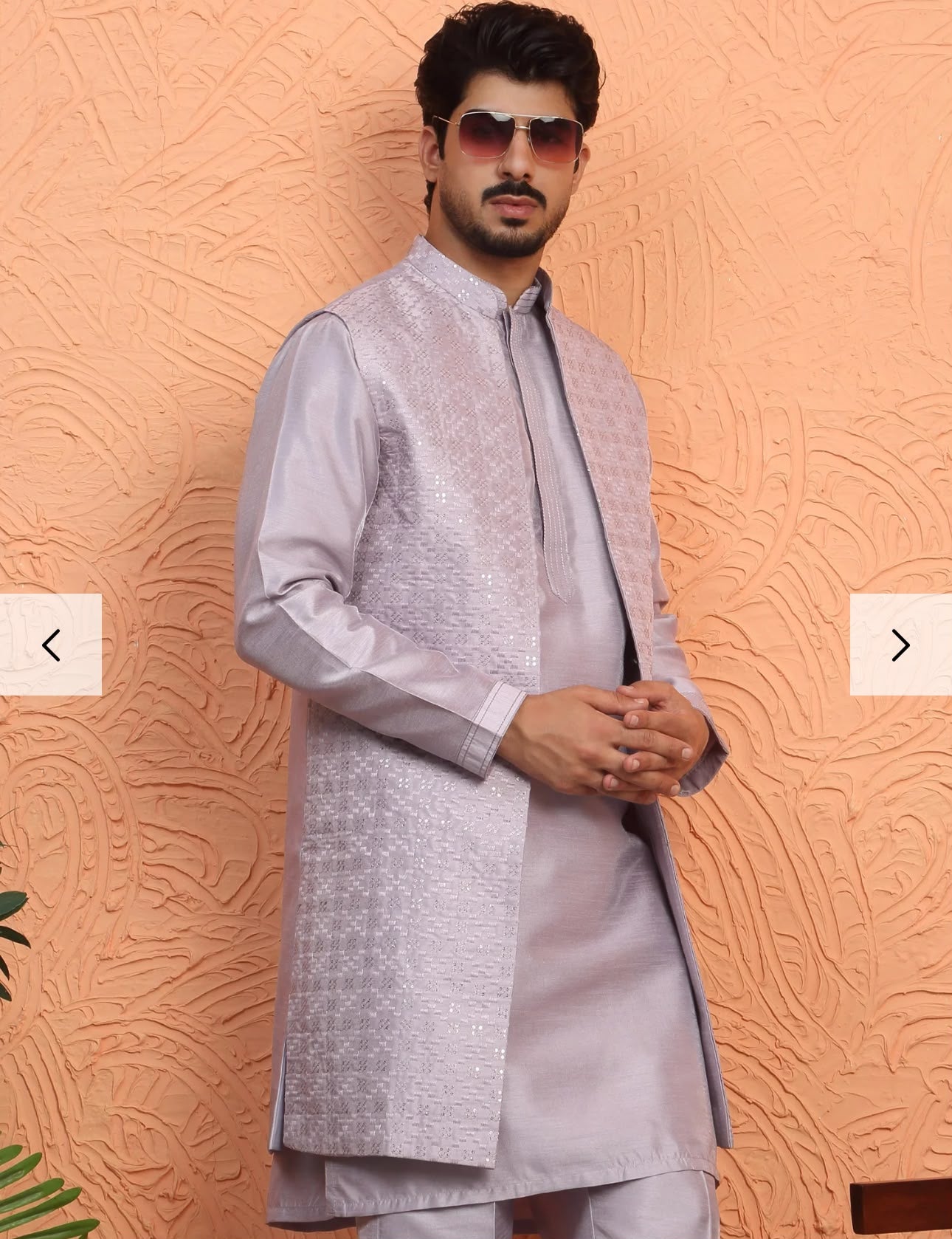 Men's Silk Blend Anchor Work Kurta Trouser Set with Long Embroidered Sequin Nehru Jacket in Germany