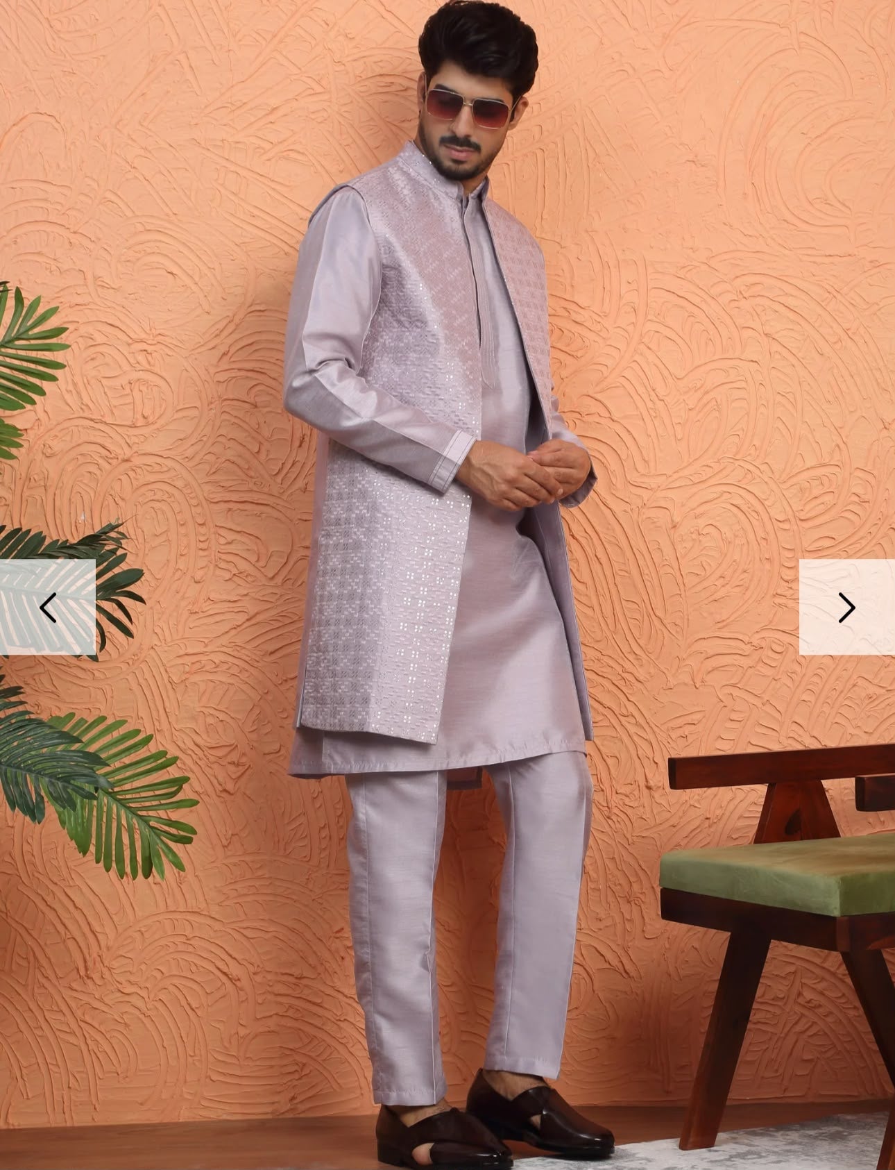 Men's Silk Blend Anchor Work Kurta Trouser Set with Long Embroidered Sequin Nehru Jacket in Germany