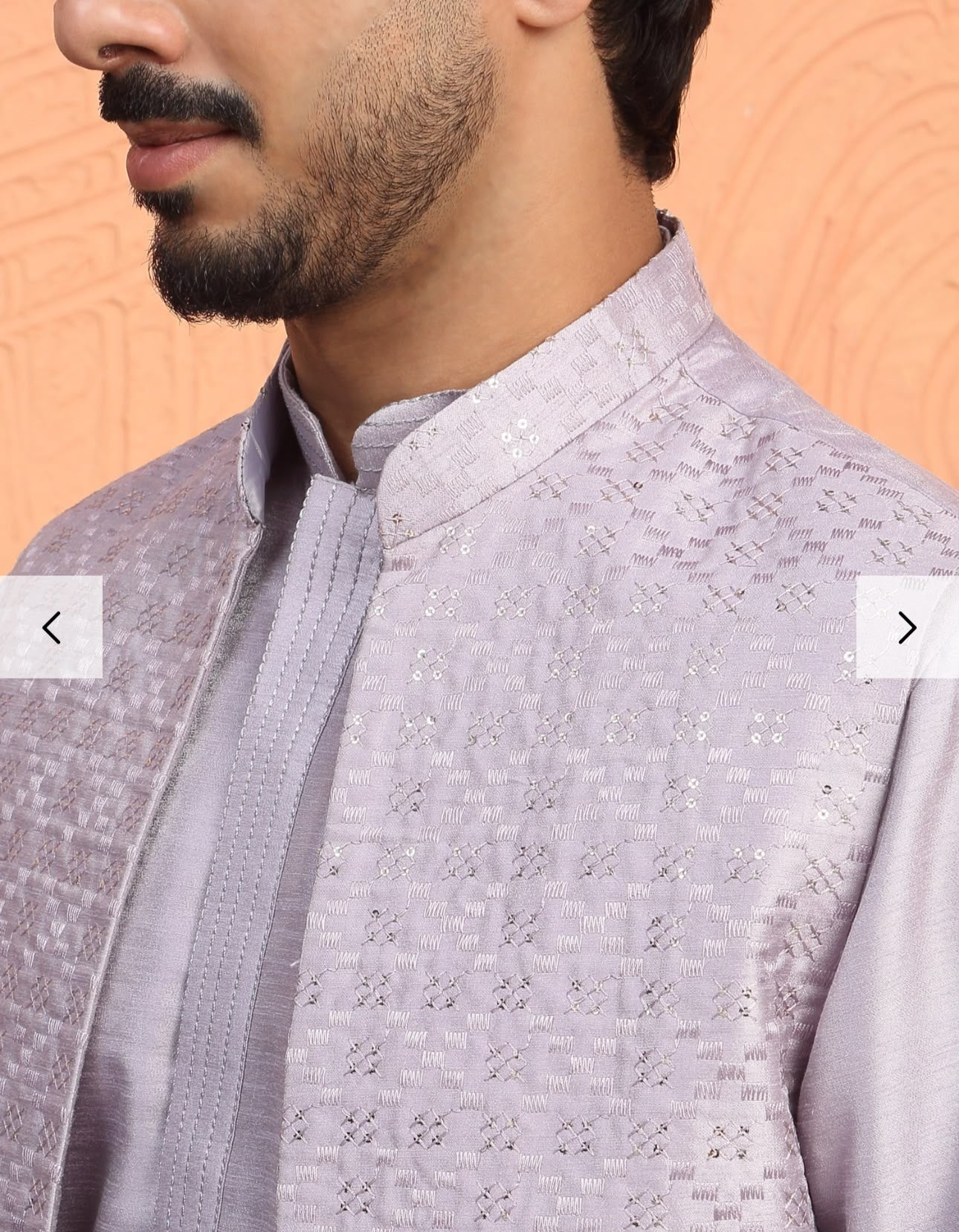 Men's Silk Blend Anchor Work Kurta Trouser Set with Long Embroidered Sequin Nehru Jacket in Germany