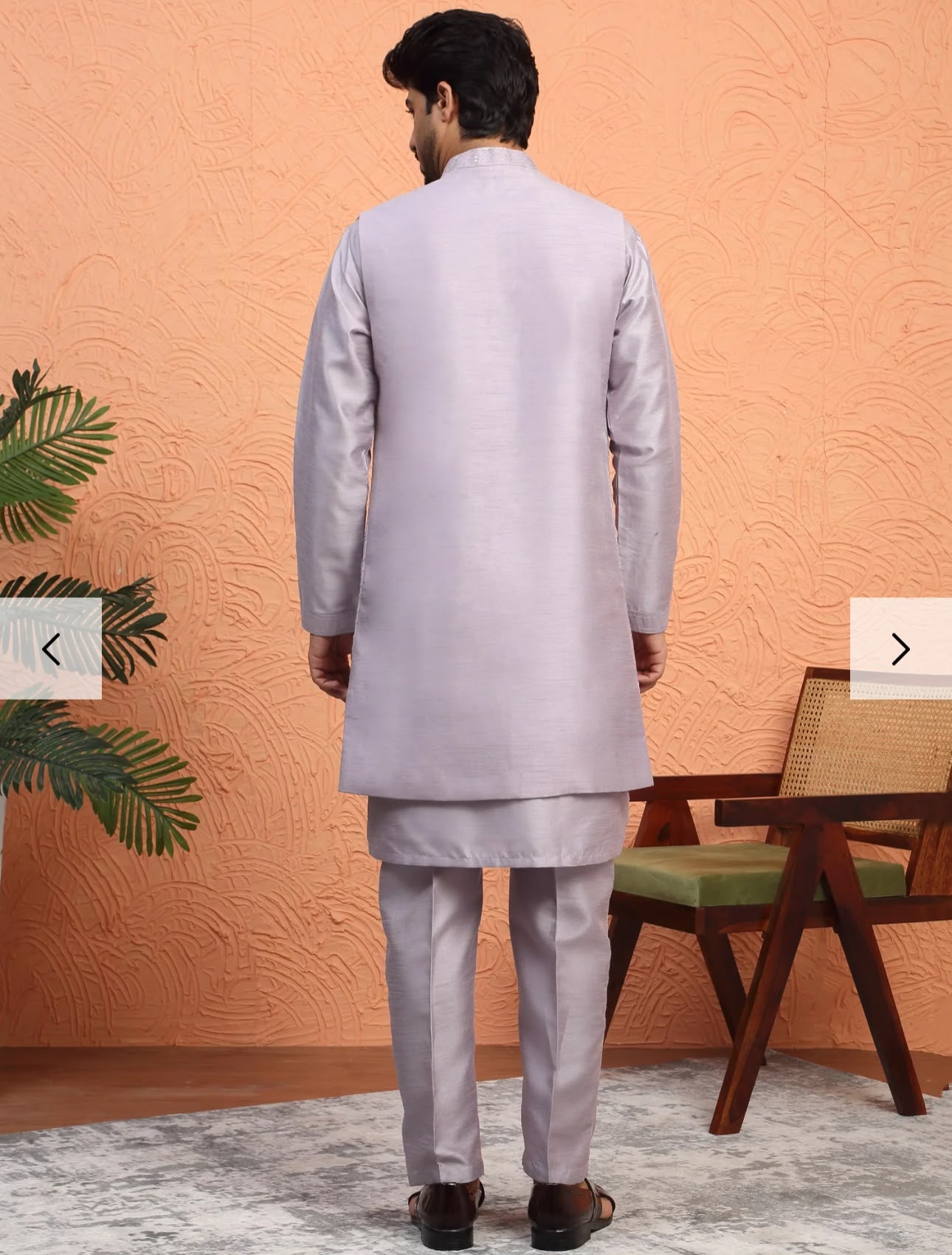 Men's Silk Blend Anchor Work Kurta Trouser Set with Long Embroidered Sequin Nehru Jacket in Germany