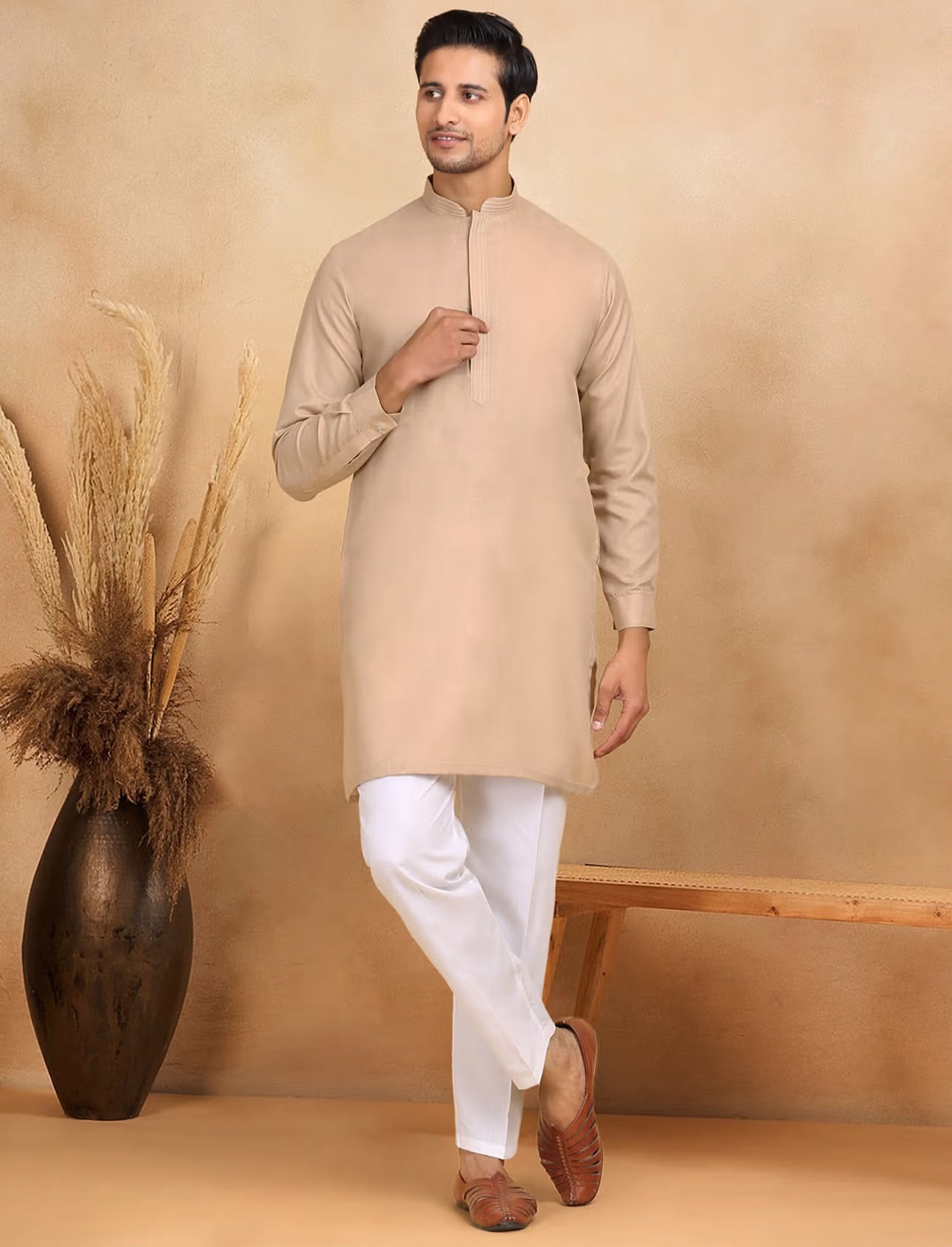 Beige Embroidered Kurta with Trouser and Nehru Jacket in Germany