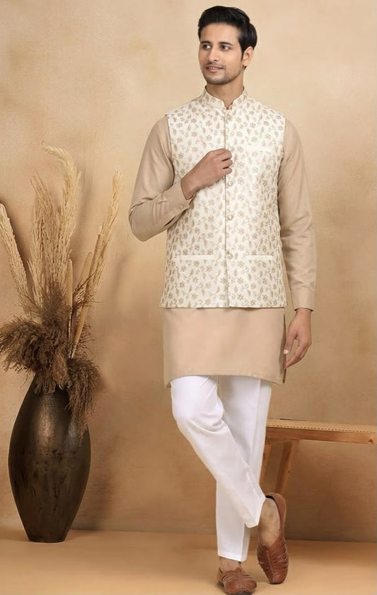 Beige Embroidered Kurta with Trouser and Nehru Jacket in Germany