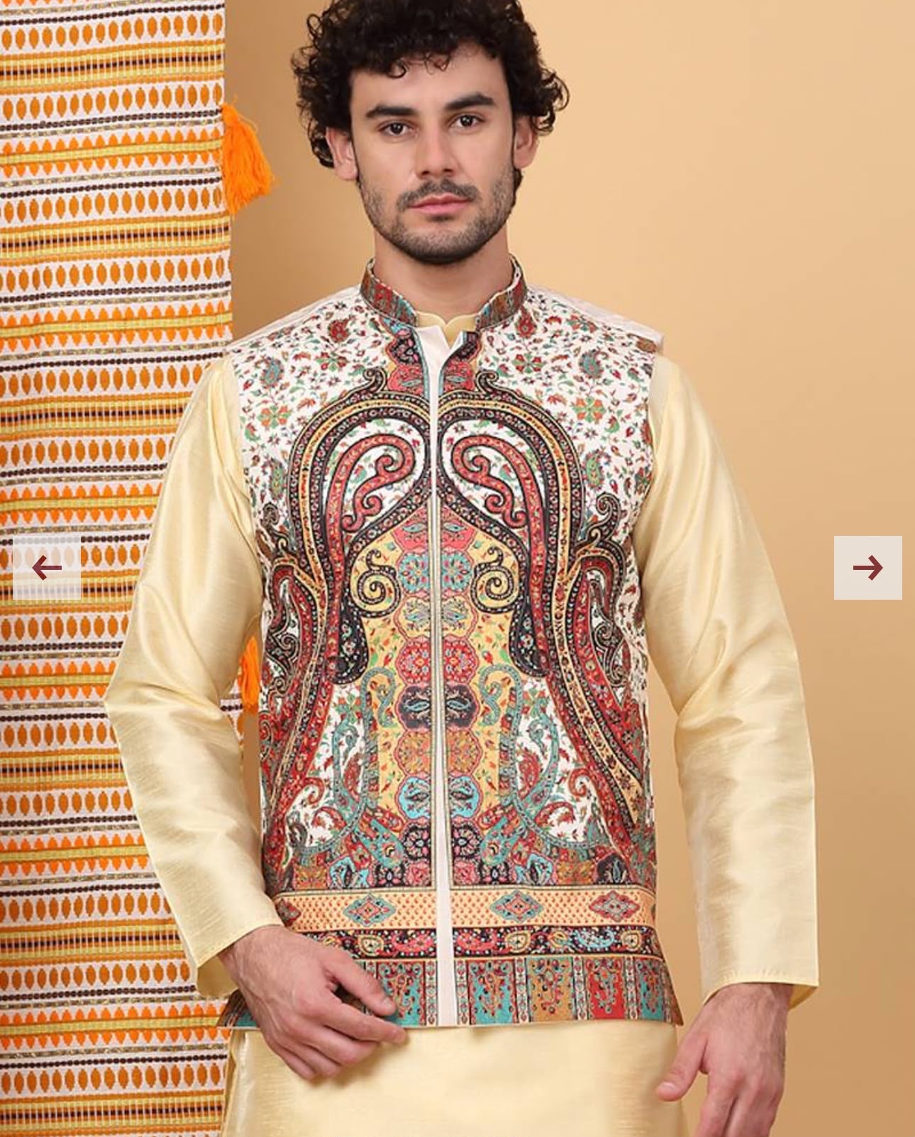 Men Silk Blend Cream Paisley Kashmiri Printed Nehru Jacket in Germany
