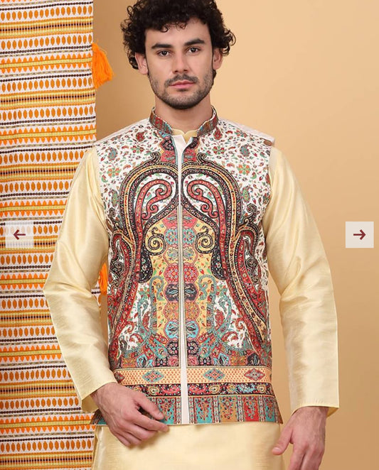 Men Silk Blend Cream Paisley Kashmiri Printed Nehru Jacket in Germany