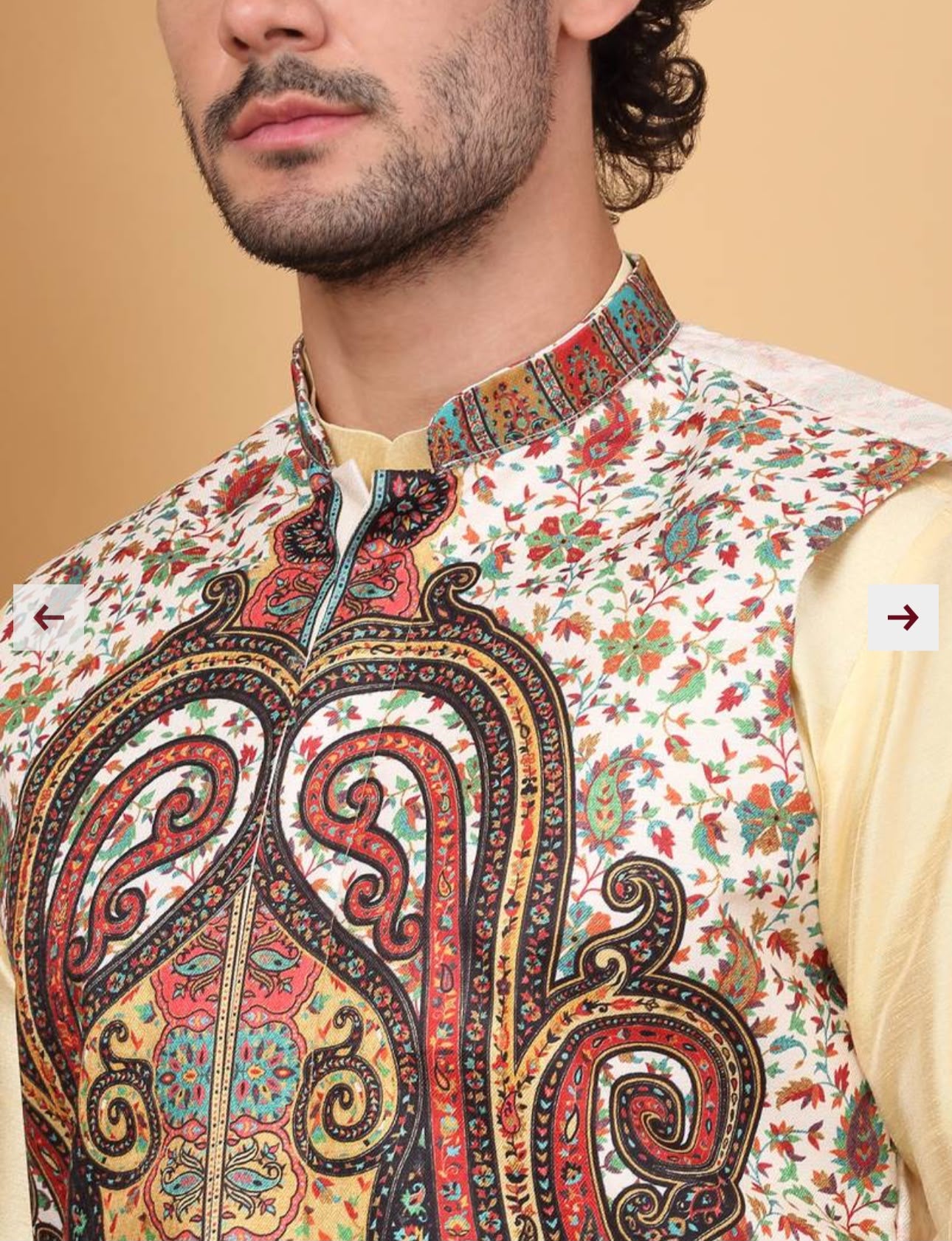 Men Silk Blend Cream Paisley Kashmiri Printed Nehru Jacket in Germany