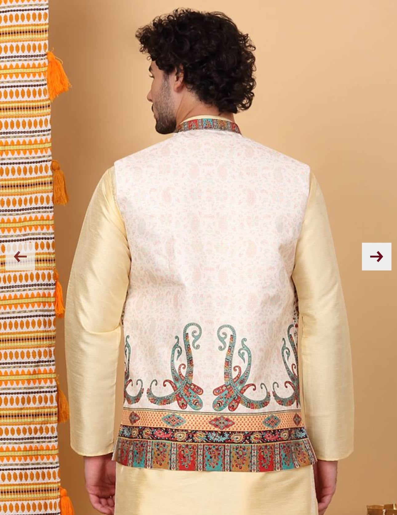 Men Silk Blend Cream Paisley Kashmiri Printed Nehru Jacket in Germany
