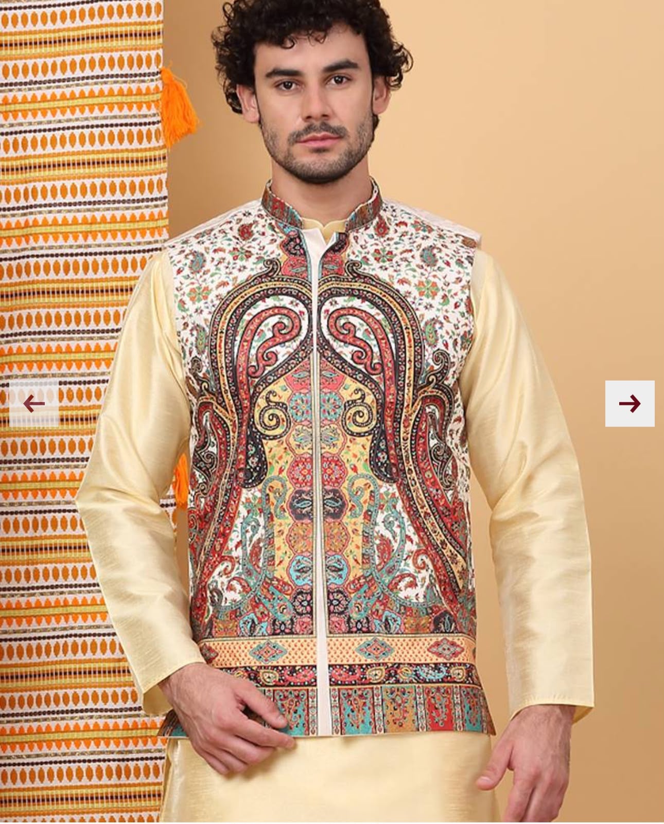 Men Silk Blend Cream Paisley Kashmiri Printed Nehru Jacket in Germany