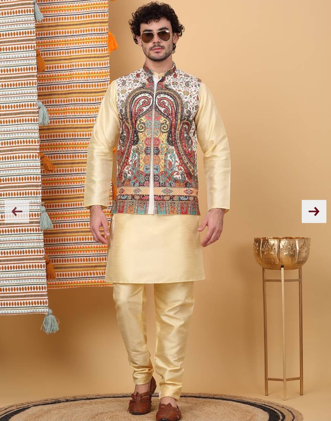 Men Silk Blend Cream Paisley Kashmiri Printed Nehru Jacket in Germany