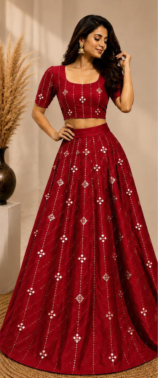 Red Embellished flared lehenga choli in Germany