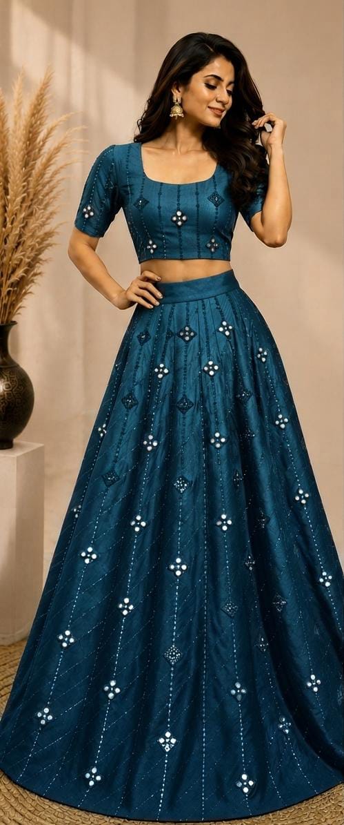 Teal Blue Embellished flared lehenga choli in Germany
