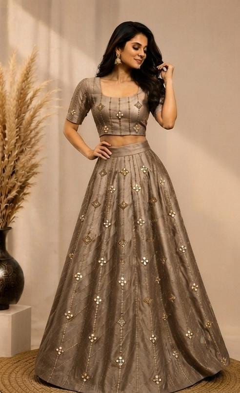 Metallic taupe Embellished flared lehenga choli in Germany