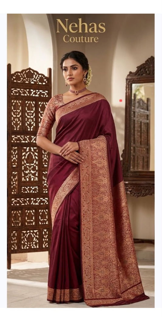 Maroon Silk Saree with a Gold Zari Border in Berlin