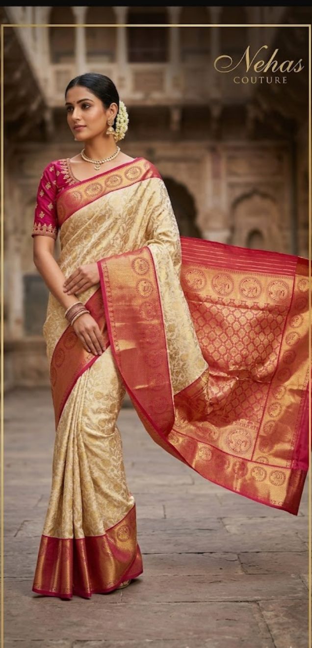 Cream and Rani Pink Woven Banarasi Silk Saree in Germany