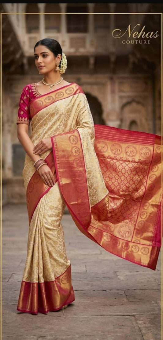 Cream and Rani Pink Woven Banarasi Silk Saree in Germany