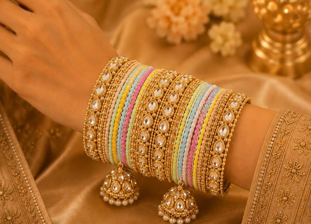 Pastel Multicolour Silk Thread Bangle Set with Kundan Work and Hanging Jhumkas in Germany