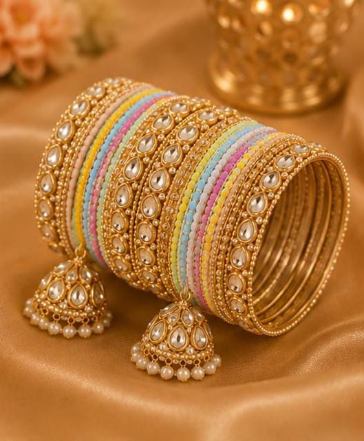 Pastel Multicolour Silk Thread Bangle Set with Kundan Work and Hanging Jhumkas in Germany