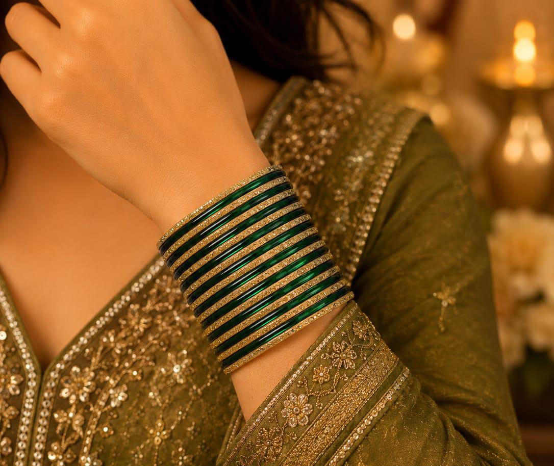 Traditional Dark Green and Gold Crystal Bangle Stack in Berlin