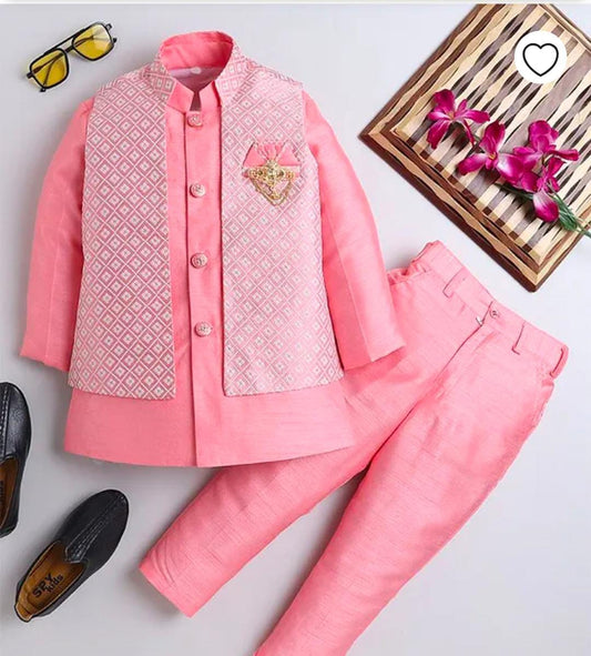 Silk Blend Full Sleeves Solid Kurta & Pant With Floral Embroidered Jacket Set in Germany