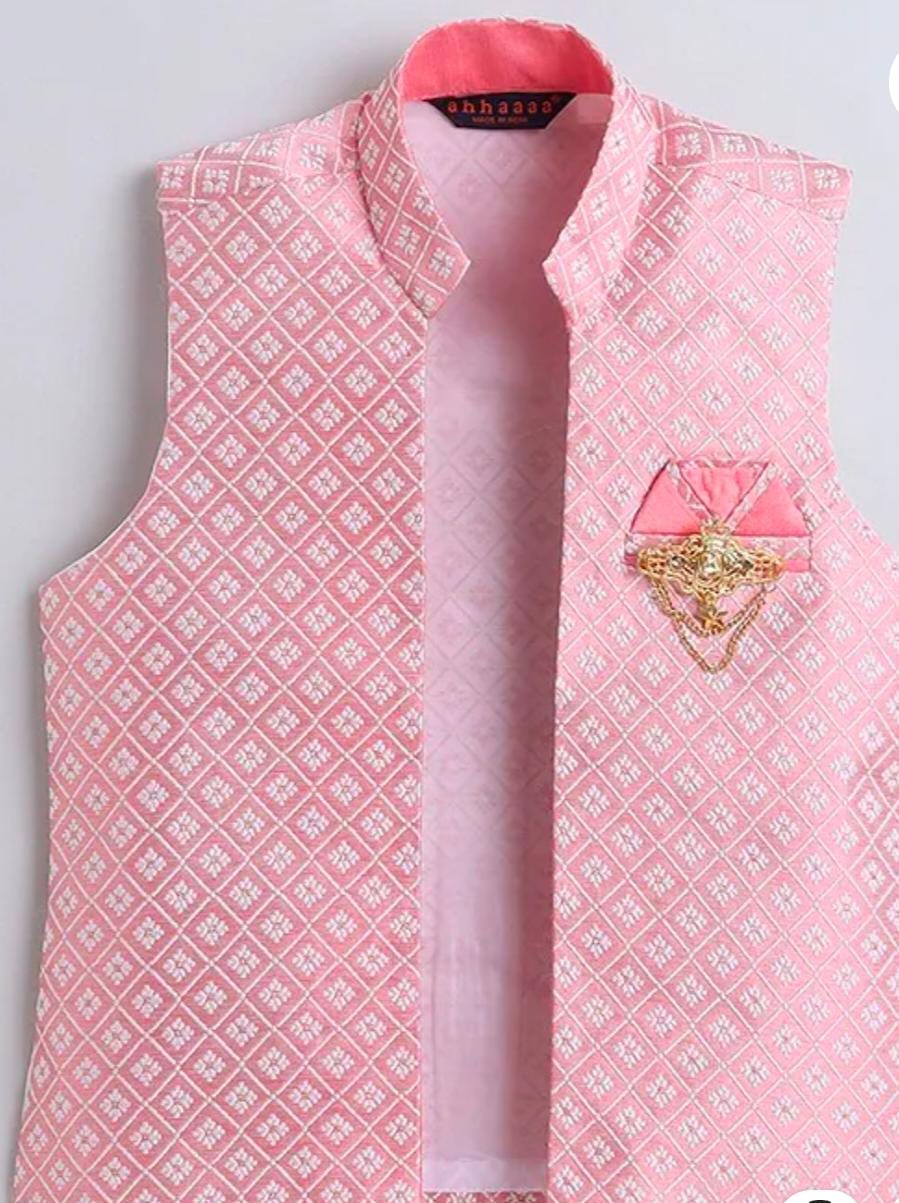 Silk Blend Full Sleeves Solid Kurta & Pant With Floral Embroidered Jacket Set in Germany