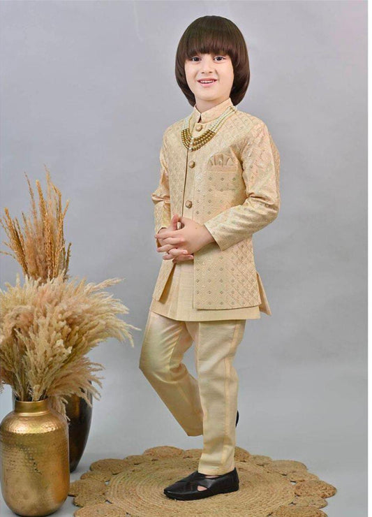Silk Sequins Embellished Threadwork Detailed Sherwani With Pant & Necklace Set - Neha Couture Indian Fashion