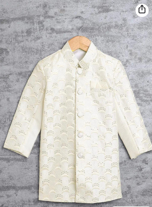 Kids Ethnic Cotton Silk Blend Sequin Print Indo-Western Sherwani Set for Boys embroidery and fabric detail - Neha Couture Indian Fashion