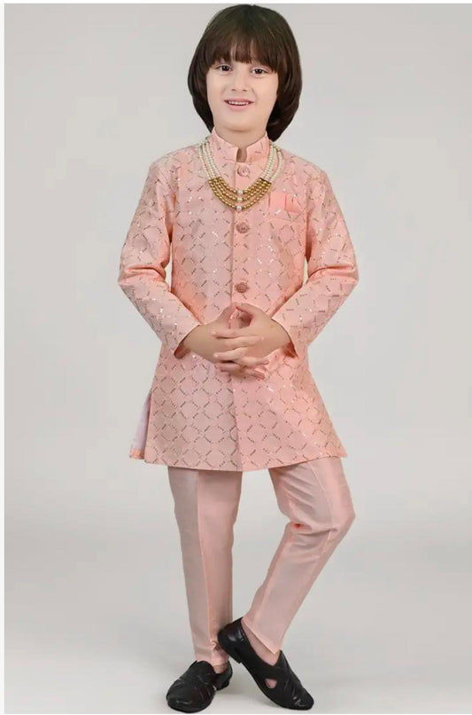 Kids Ethnic Sequin Embellished Indo-Western Kurta and Trouser Set for Boys embroidery and fabric detail - Neha Couture Indian Fashion