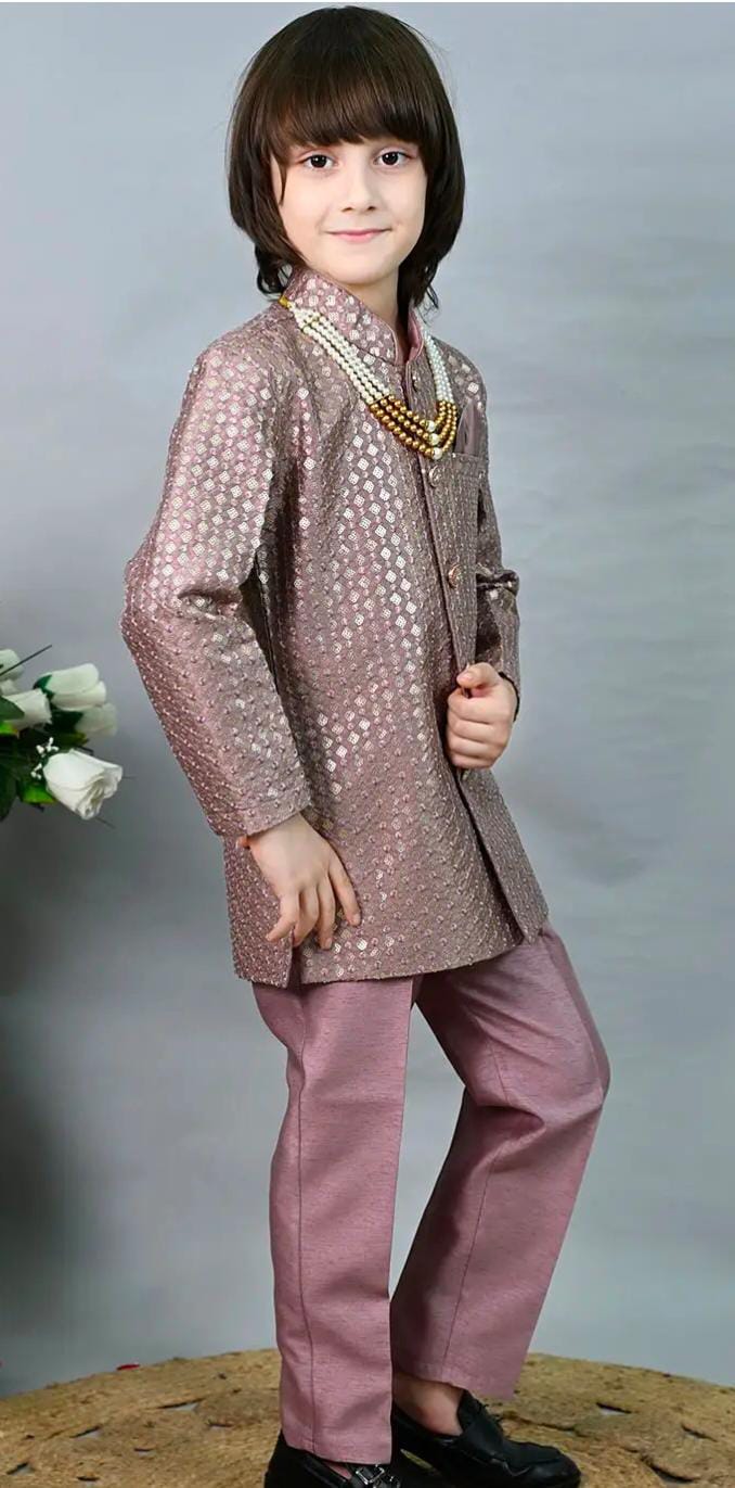 Boys Floral Woven Design Jodhpuri Bandhgala Suit Set With Mala in Germany