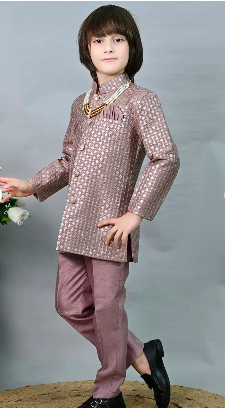Boys Floral Woven Design Jodhpuri Bandhgala Suit Set With Mala in Germany