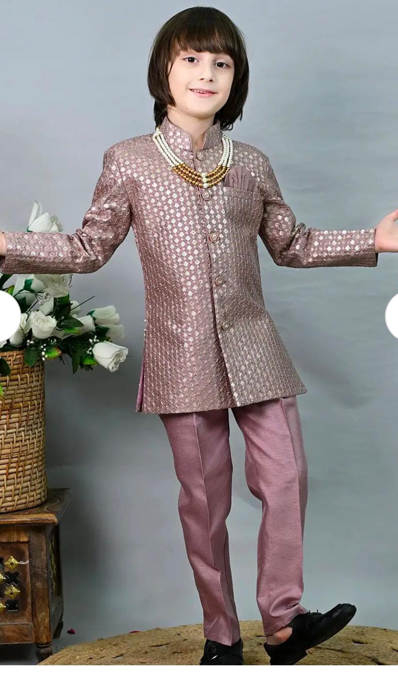 Boys Floral Woven Design Jodhpuri Bandhgala Suit Set With Mala in Germany