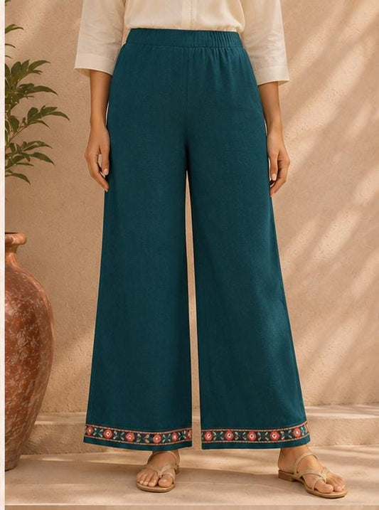 Teal Blue Wide-Leg Palazzo Pants with Embroidered Hem in Berlin