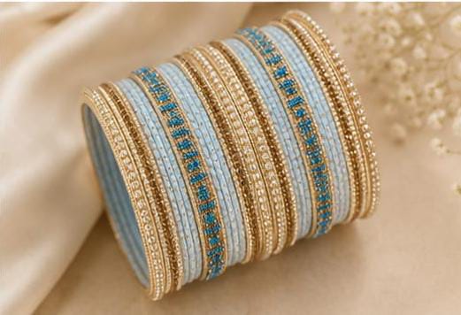 Sky Blue and Gold Bridal Chura Bangle Set in Germany