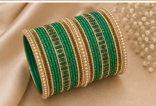 Gold Plated Synthetic Stone Green Traditional Bangle Set in Germany