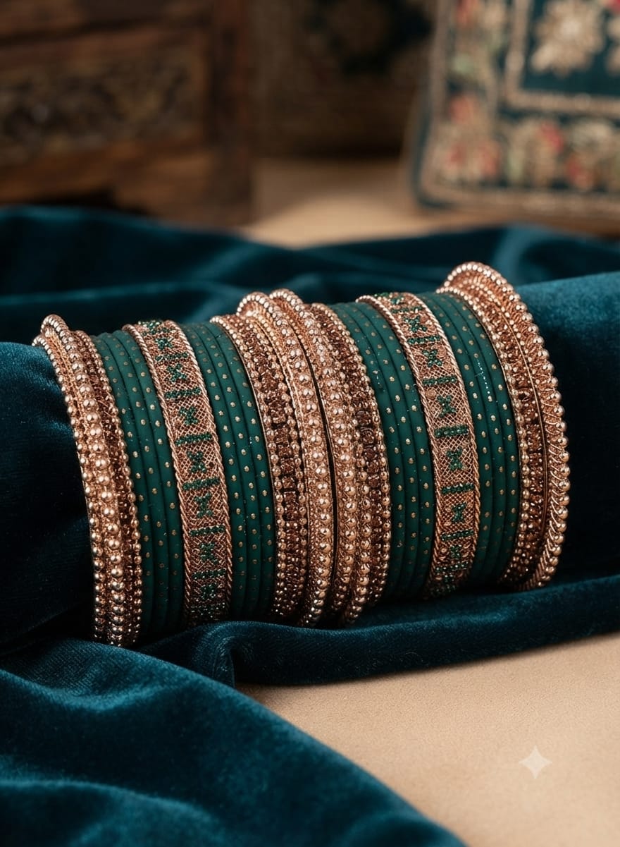 Antique gold and emerald green traditional bridal bangle set in Germany