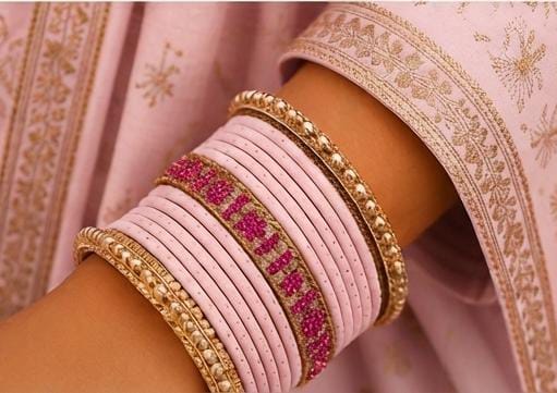 Elegant Pastel Pink Bridal Chura Set with Hand-Finishing and Golden Kada in Germany