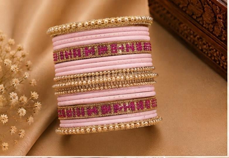 Elegant Pastel Pink Bridal Chura Set with Hand-Finishing and Golden Kada in Germany